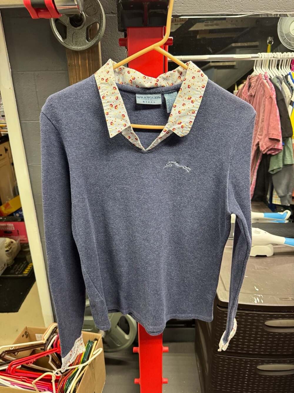 Wrangler Blues Vintage Blue Thermal Knit Top with Floral Collar and Cuffs
